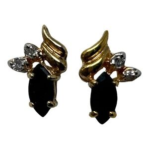 Vintage Gold Tone Black Onyx Rhinestone Wavy Pear Shaped Pierced Earrings